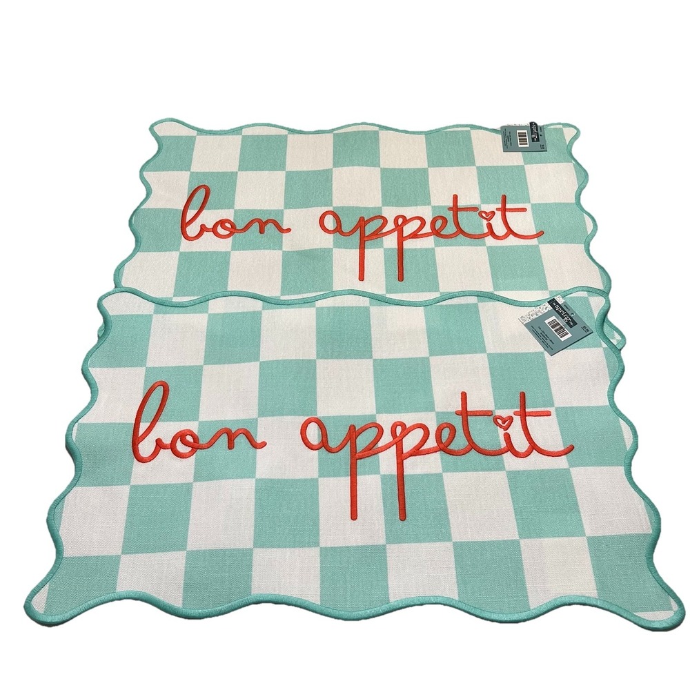 The Spring Shop Bon Appetit Scalloped Placemats Set of 2‎ Teal White Checkered